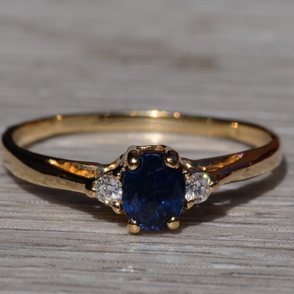 Ladies Simple 14K Yellow Gold Sapphire and Diamond Engagement Ring