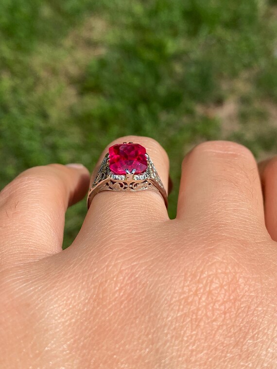 Lab Created Ruby Filigree Ring in White Gold - image 10