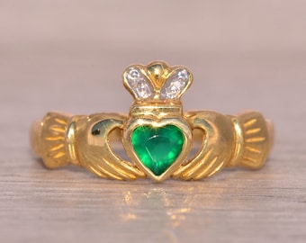 Irish Made Designer Signed Green Agate and Natural Diamond Claddagh Ring