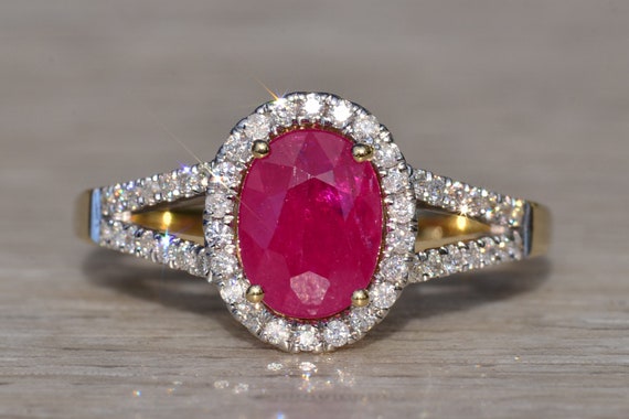 Ladies 14K Ruby and Diamond Halo Engagement Style… - image 6