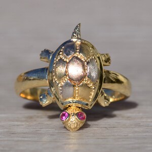 Ladies 14K Gold Moving Turtle Ring Set With Rubies Etsy India