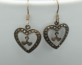 Vintage 925 Sterling Silver Open Heart Dangle Earrings JV 1988