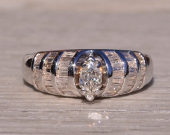 Vintage White Gold Engagement Ring Set with Marquise Diamond