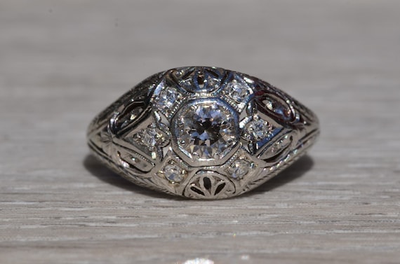 Antique Platinum Filigree Engagement Ring with In… - image 1