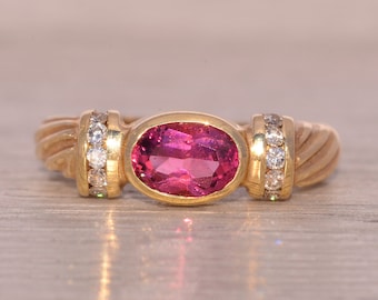 Bezel Set Tourmaline and Natural Diamond Ring in Yellow Gold