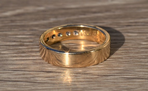 Men's Engraved 14K Gold and Diamond Wedding Band - image 3