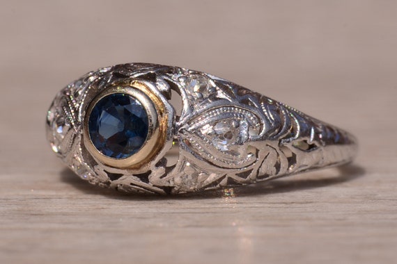 Antique Filigree Ring set with Sapphire and Diamo… - image 2