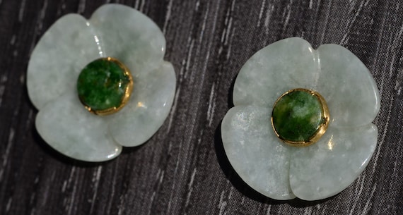 Yellow Gold Jade Earrings with Jade Flower Jackets - image 2