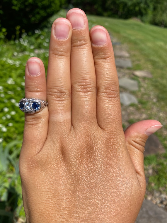 Sapphire and Diamond Filigree Three Stone Ring - image 8