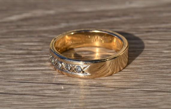Men's Engraved 14K Gold and Diamond Wedding Band - image 2