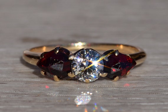 Antique Victorian Garnet and Diamond Three Stone … - image 1