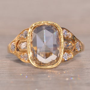 Signed Rose Cut Natural Diamond Ring with European Cut and French Bullet Cut Diamonds
