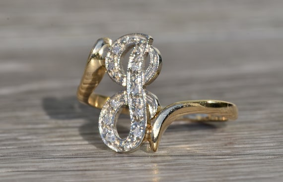Ladies 14K Two Tone Script J Ring with Diamonds - image 2