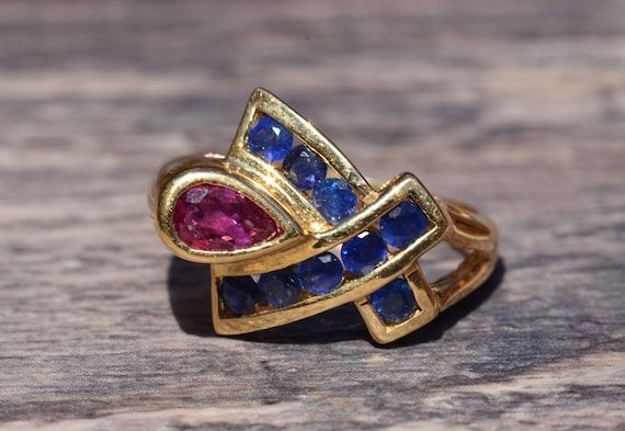 Vintage Yellow Gold Ruby & Sapphire Cocktail Ring - image 1