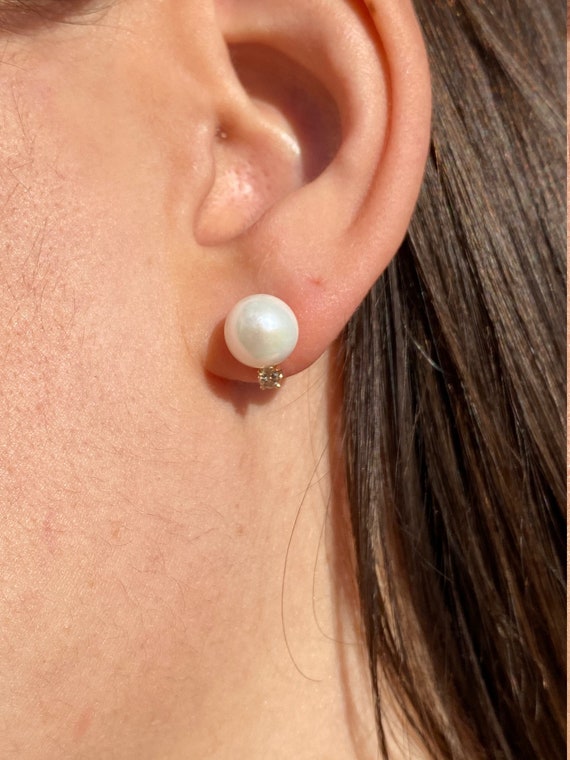 Ladies Pearl and Diamond Stud Earrings in 14K - image 5