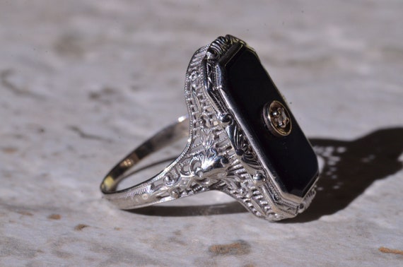 Antique Filigree Ring set with Onyx and Diamond - image 2