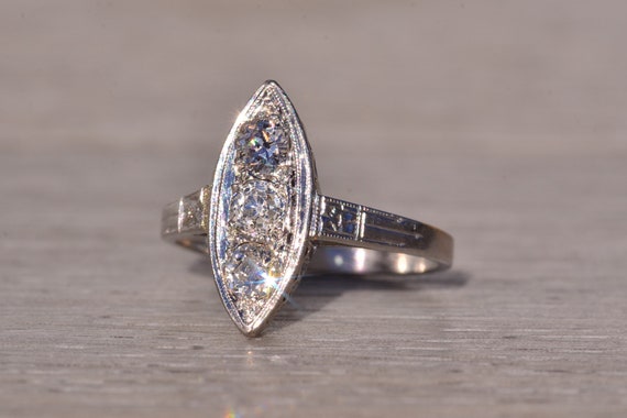Antique Navette Shaped Natural Diamond Ring in Pl… - image 2
