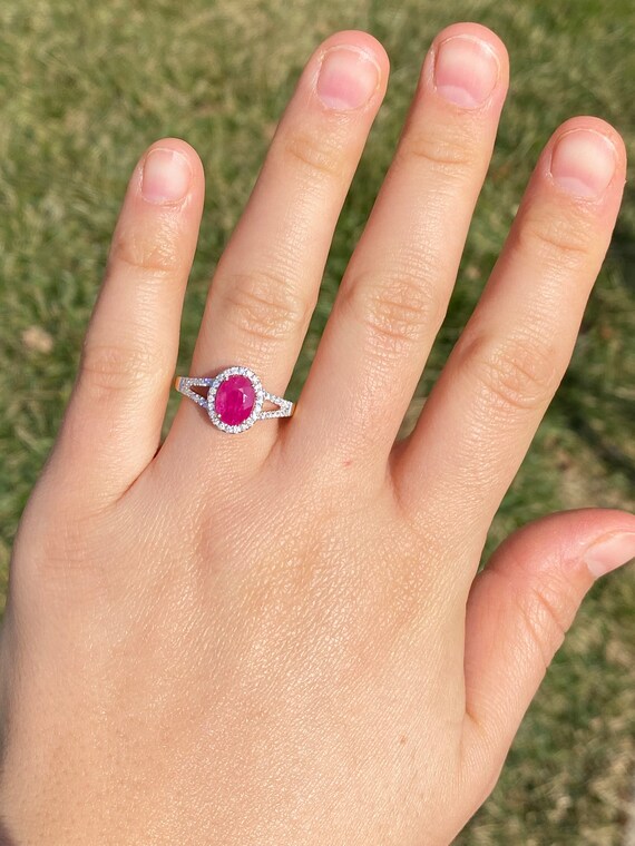 Ladies 14K Ruby and Diamond Halo Engagement Style… - image 7