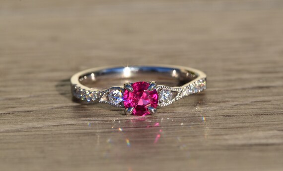 Ladies Custom Vivid Pink Sapphire and Diamond Eng… - image 2