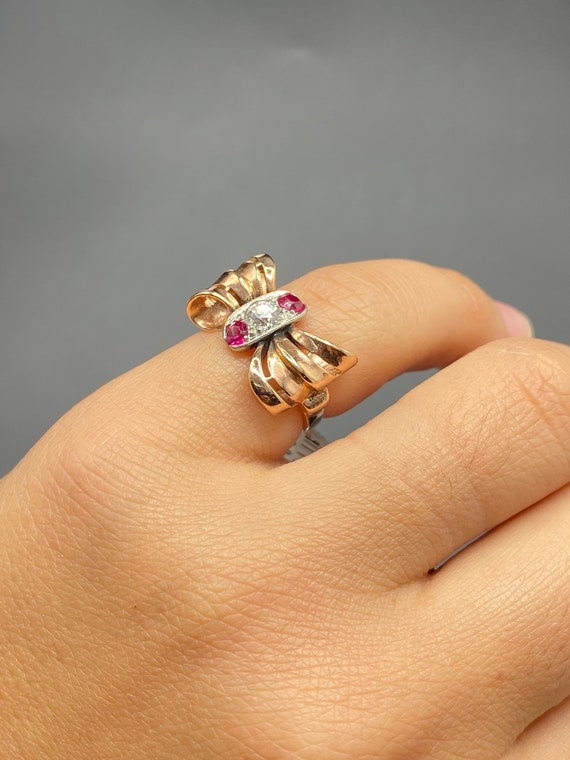 Retro 14K Rose Gold Bow Ring with Diamond and Lab… - image 6