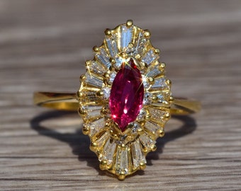 Exquisite Signed Ruby & Diamond Navette Ring in Yellow Gold