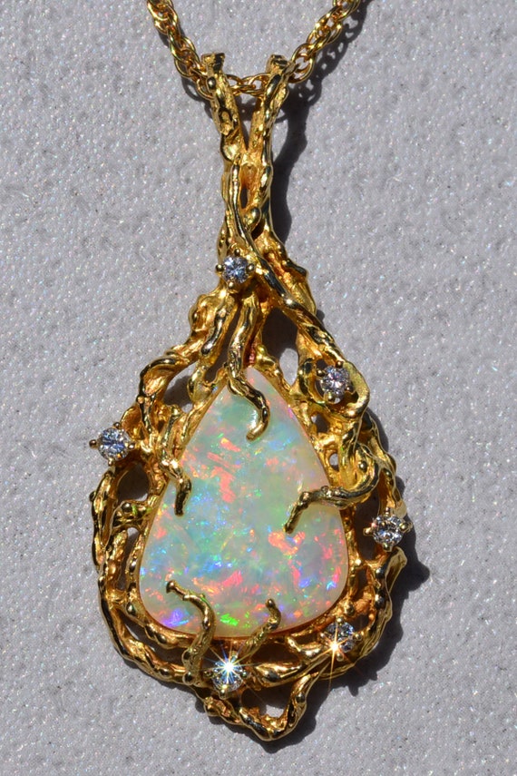 Ladies Brutalist Style 14K Yellow Gold Opal and D… - image 1