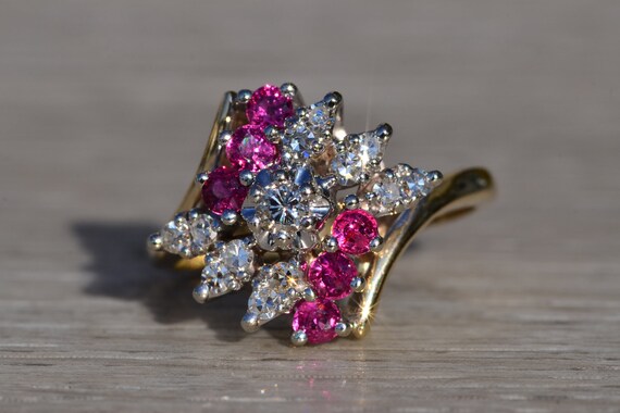 Ladies 14K Two Tone Ruby and Diamond Cluster Bypa… - image 7