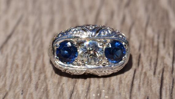 Sapphire and Diamond Filigree Three Stone Ring - image 1