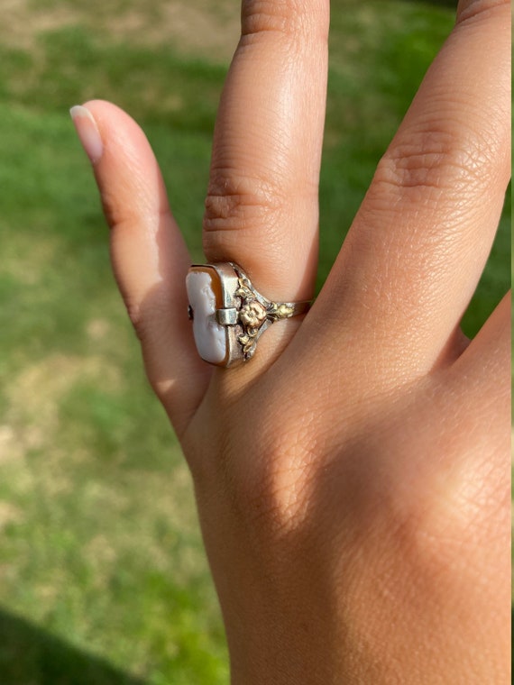 Antique Victorian Carved Cameo Ring in White Gold… - image 9