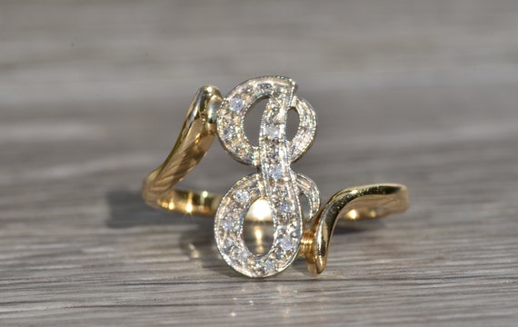 Ladies 14K Two Tone Script J Ring with Diamonds - image 1