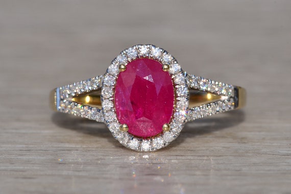 Ladies 14K Ruby and Diamond Halo Engagement Style… - image 1