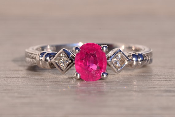 Oval Natural Ruby and Natural Diamond Ring in Whi… - image 1