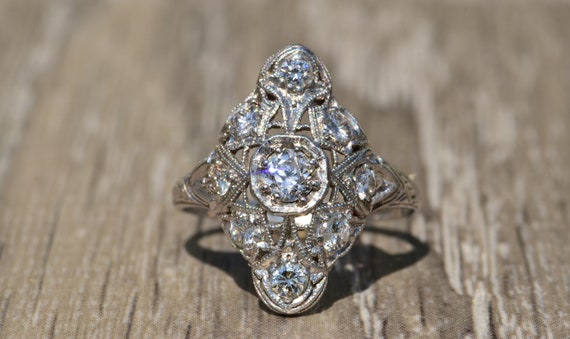 Antique Filigree Ring with Old Mine Cut Diamonds - image 6