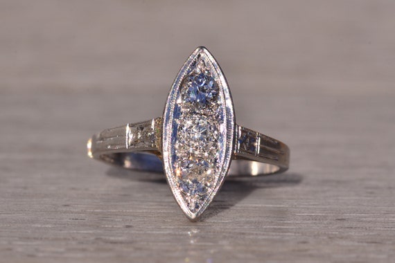 Antique Navette Shaped Natural Diamond Ring in Pl… - image 1
