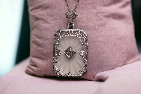 Antique Art Deco Filigree Camphor Glass Pendant w… - image 4