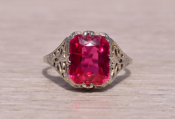 Lab Created Ruby Filigree Ring in White Gold - image 1