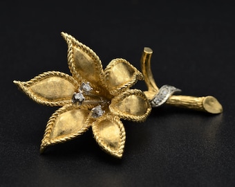 Antique L.D. Percy Yellow Gold Floral and Diamond Brooch