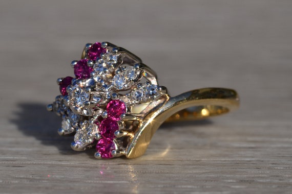 Ladies 14K Two Tone Ruby and Diamond Cluster Bypa… - image 3