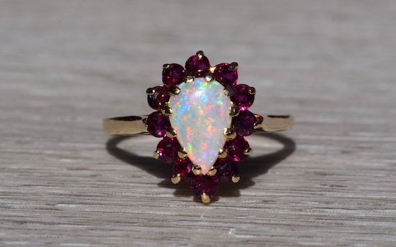 Ladies 14K Yellow Gold Opal and Garnet Halo Ring - image 6