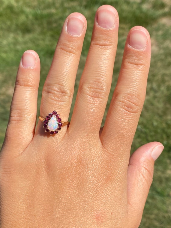 Ladies 14K Yellow Gold Opal and Garnet Halo Ring - image 7