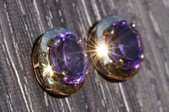 Ladies 14K Yellow Gold Amethyst Stud Earrings - image 2