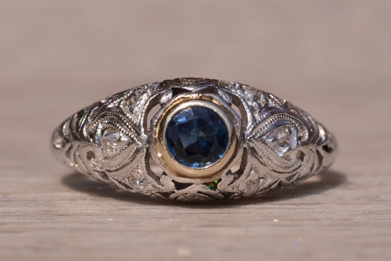 Antique Filigree Ring set with Sapphire and Diamo… - image 6