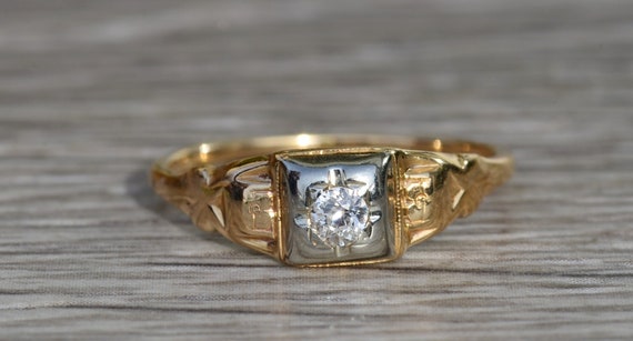 Ladies Antique 14K Two Tone Diamond Engagement Ri… - image 1