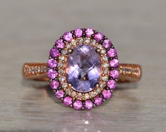 LeVian Signed Kunzite and Pink Sapphire Double Halo Ring
