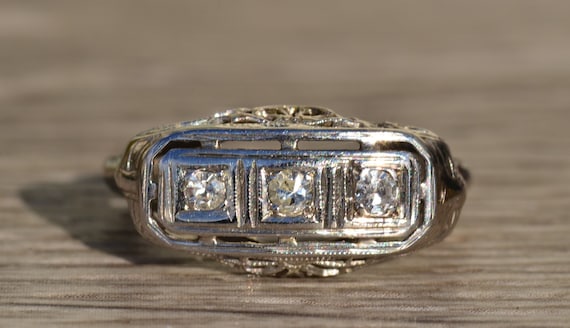 Antique Ladies Three Diamond Ring in 14K White Go… - image 1