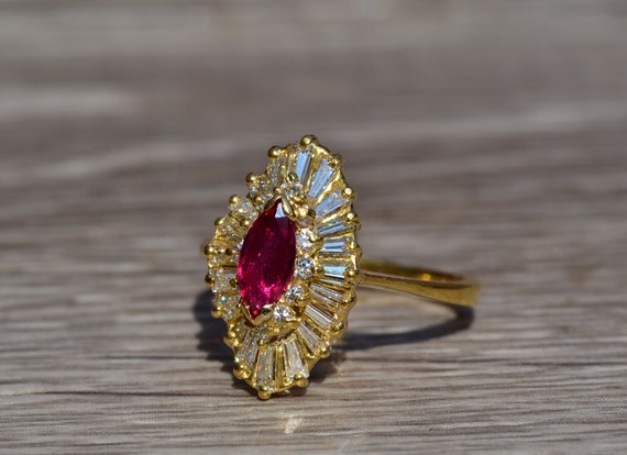 Exquisite Signed Ruby & Diamond Navette Ring in Y… - image 2