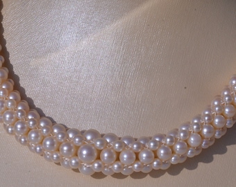 Antique Hand Weaved Pearl Choker Necklace with 14 KT White Gold Clasp set with 0.5 CTW Diamonds