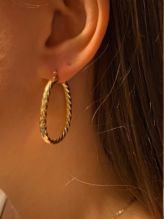 14K Yellow Gold Twisted Elongated Hoop Earrings - image 4