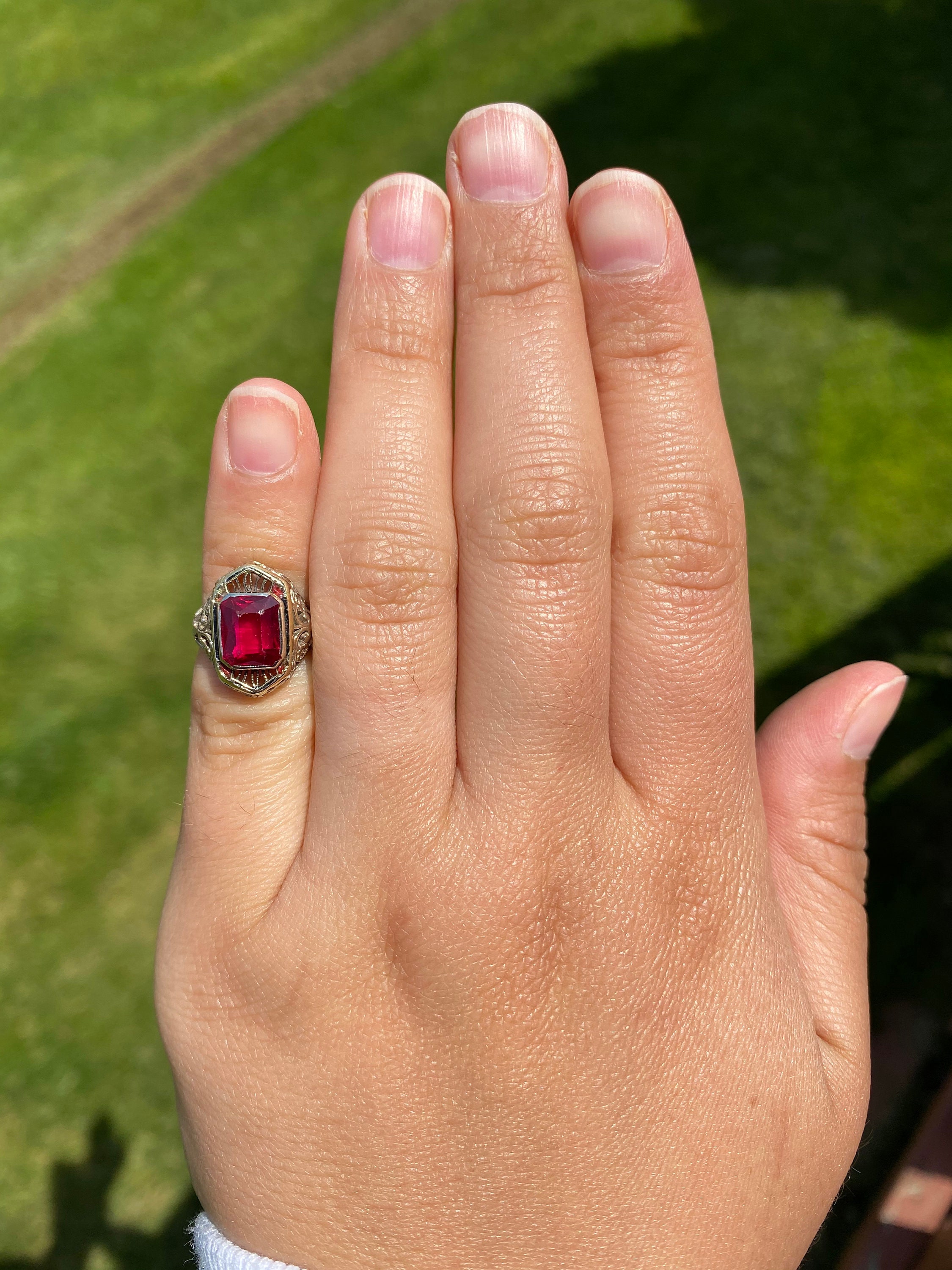 Art Deco Ring Set With Lab Grown Emerald Cut Ruby in