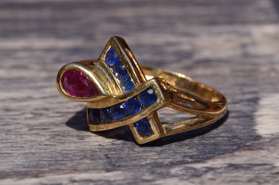 Vintage Yellow Gold Ruby & Sapphire Cocktail Ring - image 2